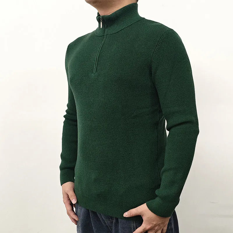 Man wearing a grey zip-front half-turtleneck sweater, a casual long-sleeve pullover.