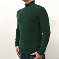 Man wearing a grey zip-front half-turtleneck sweater, a casual long-sleeve pullover.