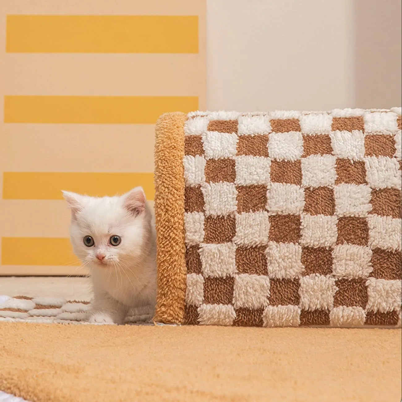 XL fan-shaped plush pet bed tunnel with a plaid pattern, shown in coffee colour.