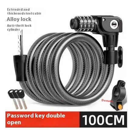 Black and orange 100cm steel cable password bicycle lock with double open mechanism