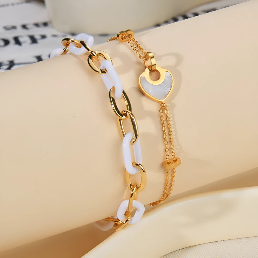 Stainless steel and resin double-layer heart bracelet for women in ins style.