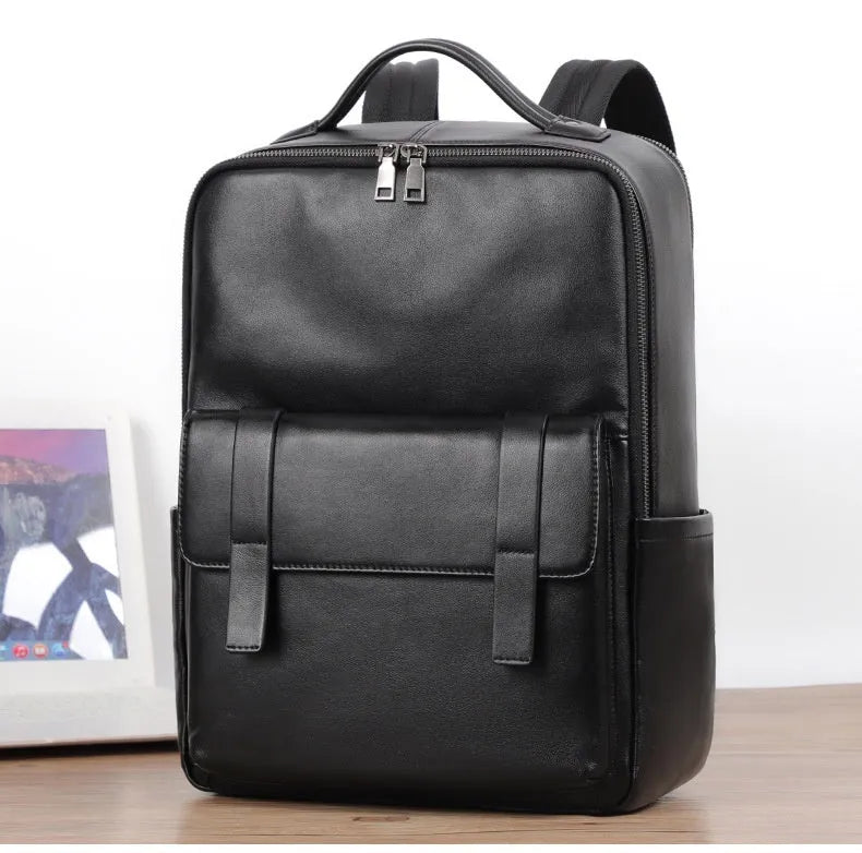 Men's large capacity leather computer backpack with 36-55L storage in black