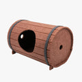 Assembled wine barrel shaped cat bed made from polyester fibre felt, showing three pieces and two straps.