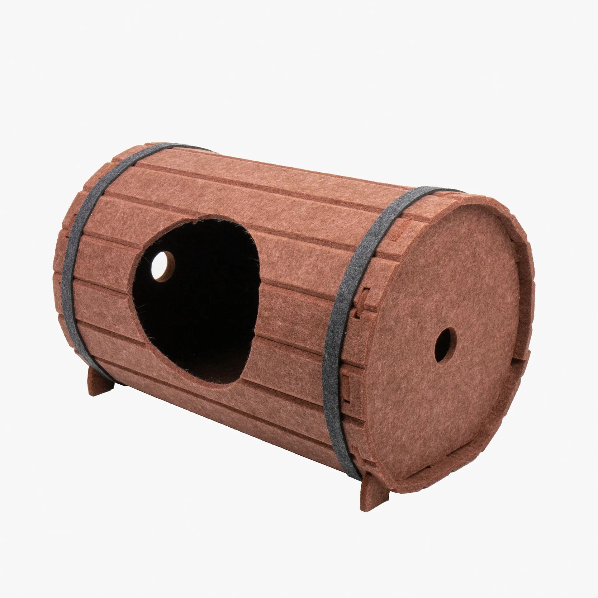 Assembled wine barrel shaped cat bed made from polyester fibre felt, showing three pieces and two straps.