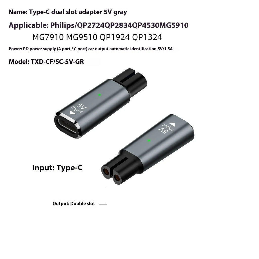 USB C charging adapter for 4.3V electric shavers and hair clippers in black colour