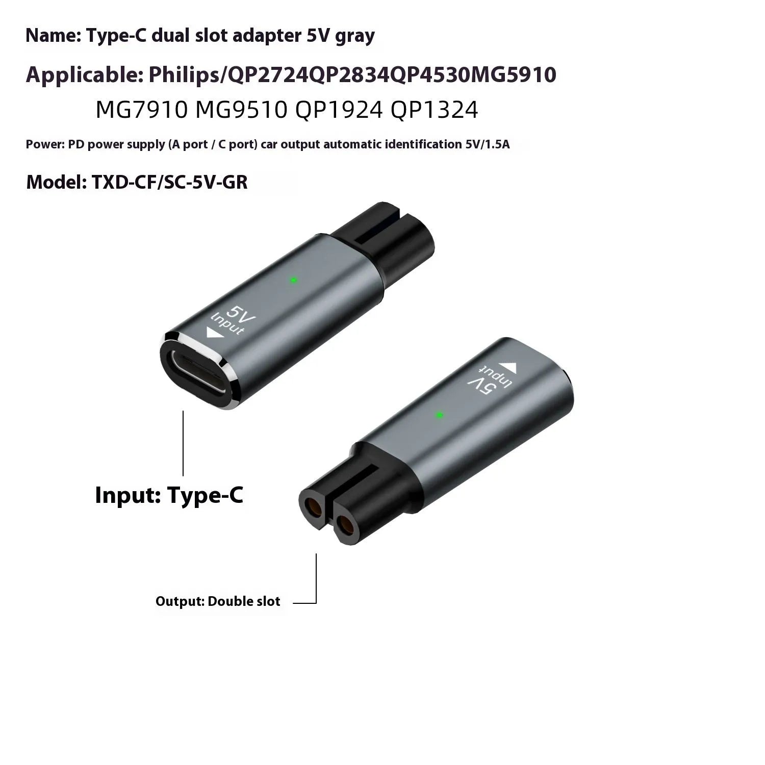 USB C charging adapter for 4.3V electric shavers and hair clippers in black colour