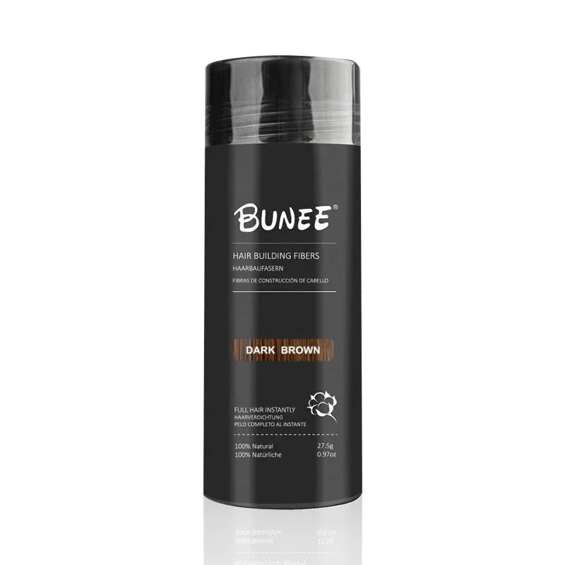 Hair fibre powder three-piece set showing powder container, spray applicator, and sealing spray in box