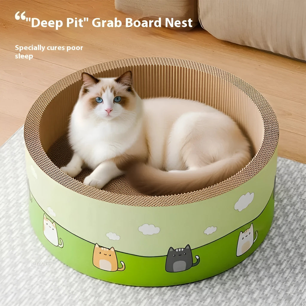A large round deep-groove cat scratch board made from brown corrugated paper, sitting on a wooden floor.