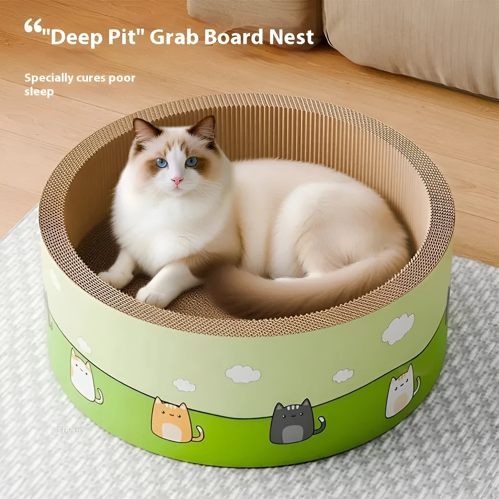 A large round deep-groove cat scratch board made from brown corrugated paper, sitting on a wooden floor.
