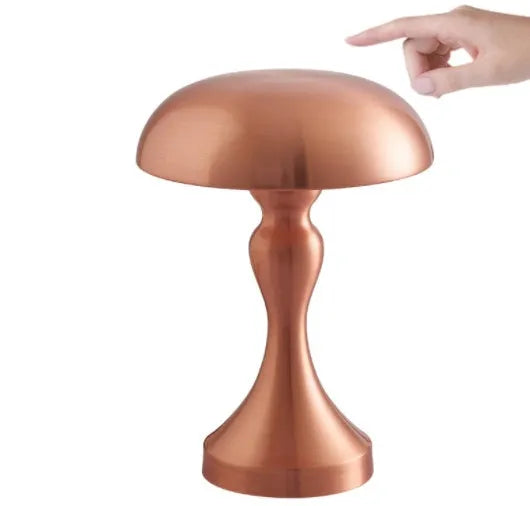 Metallic bronze touch-control LED desk lamp showing tri-colour light settings on a wooden desk.