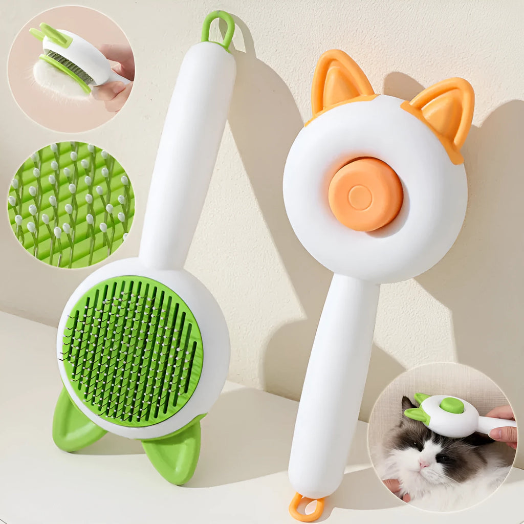 Self-cleaning cat grooming brush with stainless steel tines in greenish white colour
