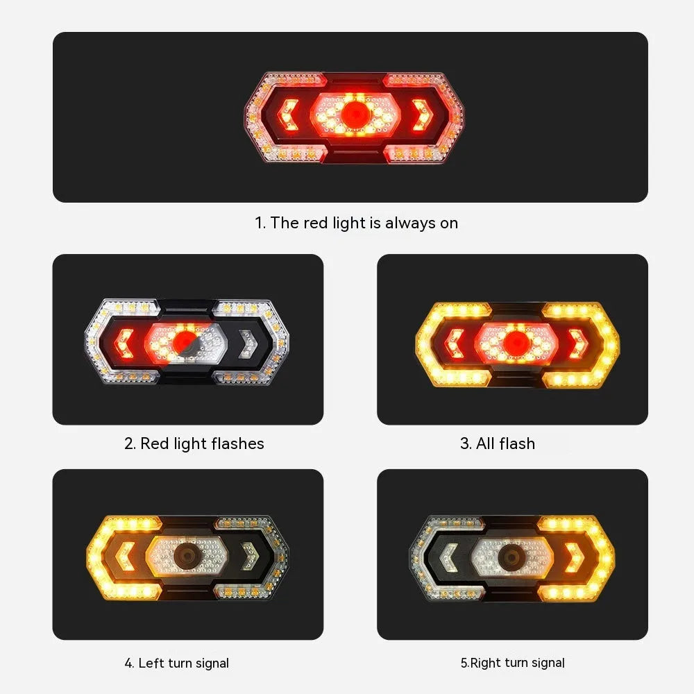Black wireless remote control motorcycle turn signal taillight with USB charging port.