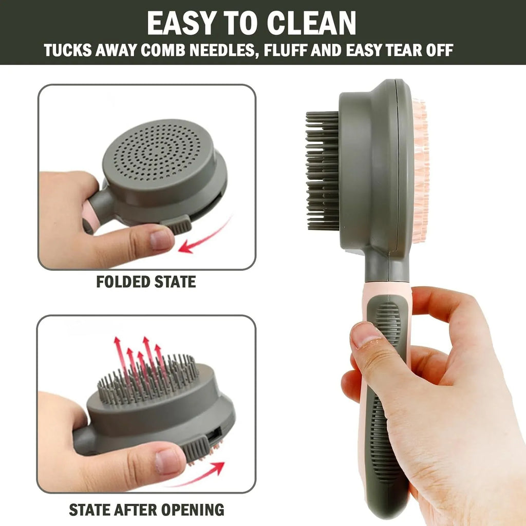 Green and pink double sided cat brush with release button showing brush and flea comb sides