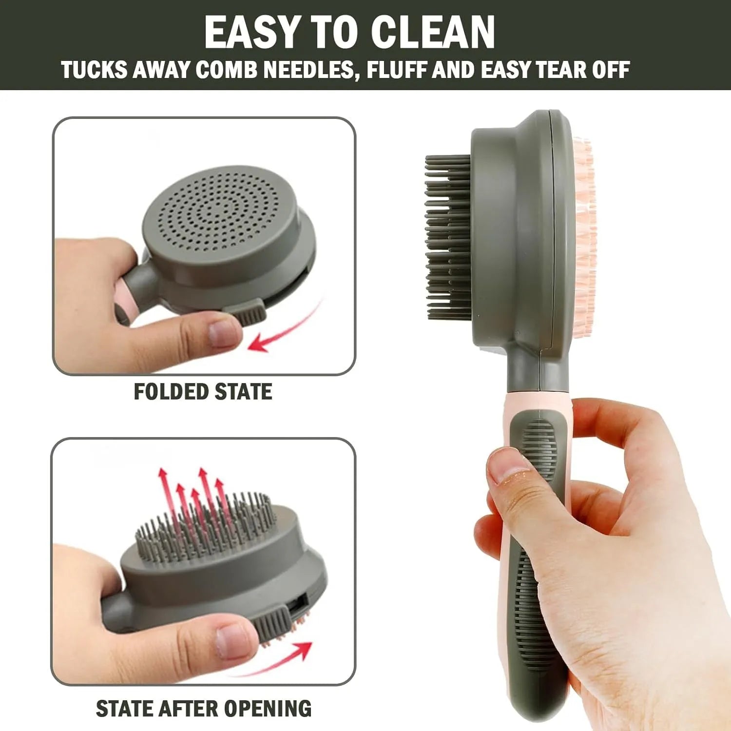 Green and pink double sided cat brush with release button showing brush and flea comb sides