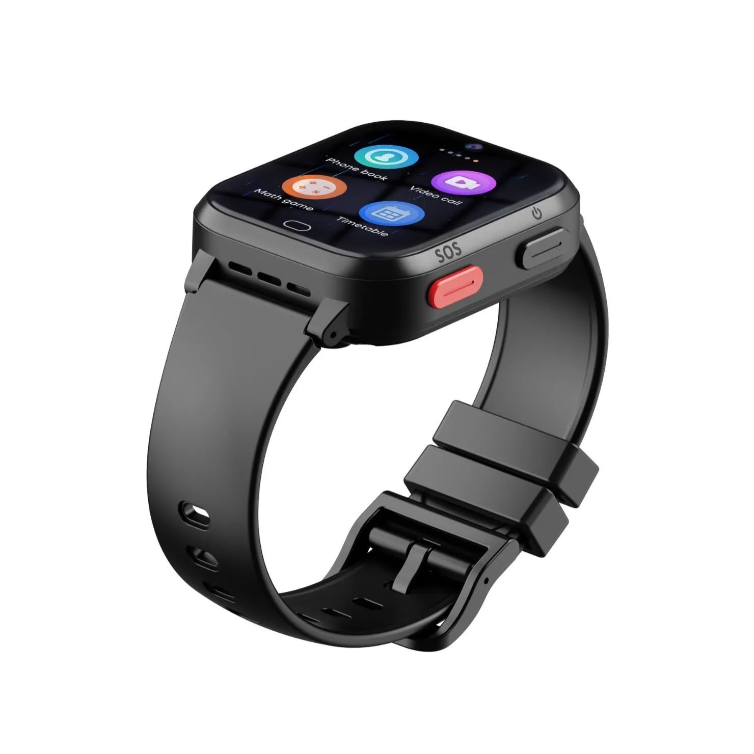 Child smart watch with 1.83-inch screen in black, blue, and pink colours showing video call function