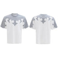 Grey men's T-shirt with raised black floral embroidery and rhinestone details on a dropped shoulder, loose-fit design.