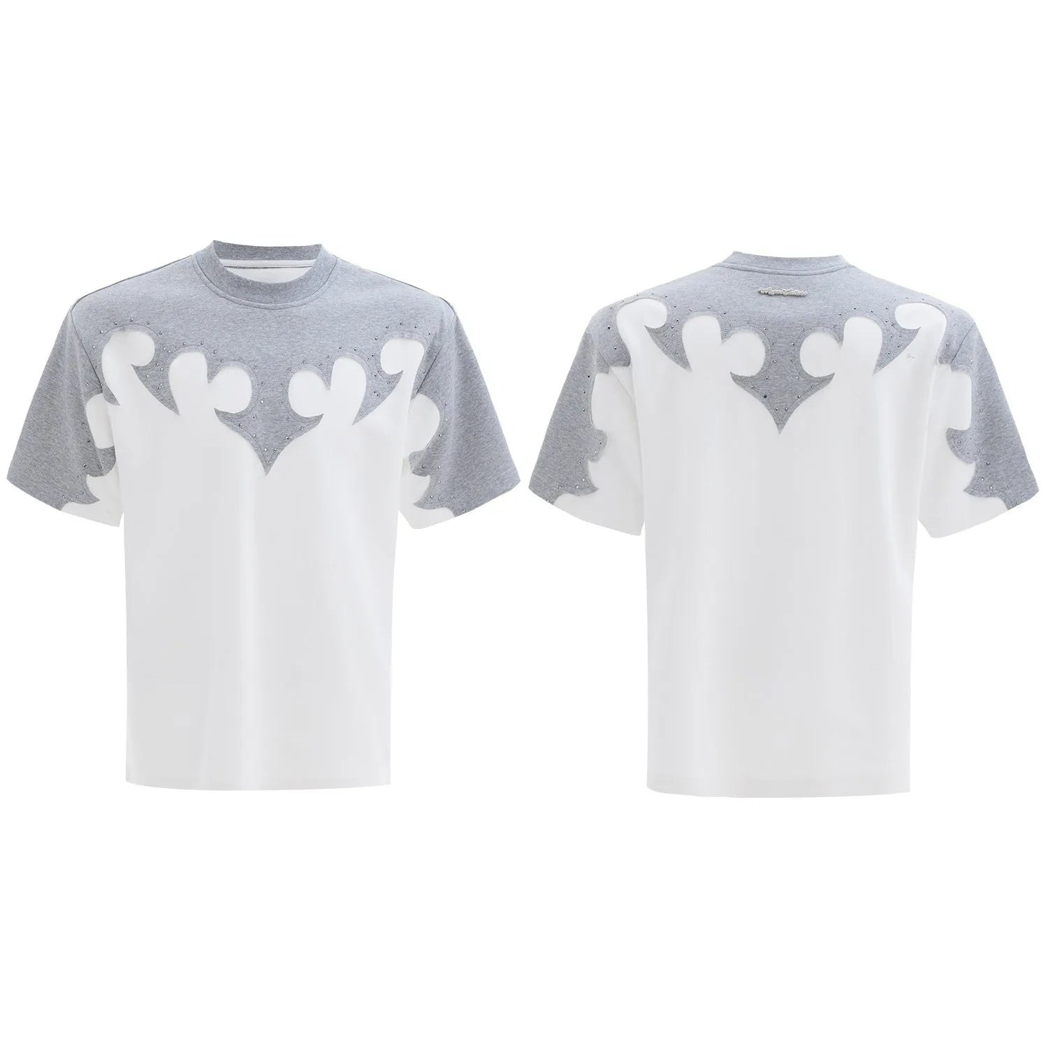 Grey men's T-shirt with raised black floral embroidery and rhinestone details on a dropped shoulder, loose-fit design.