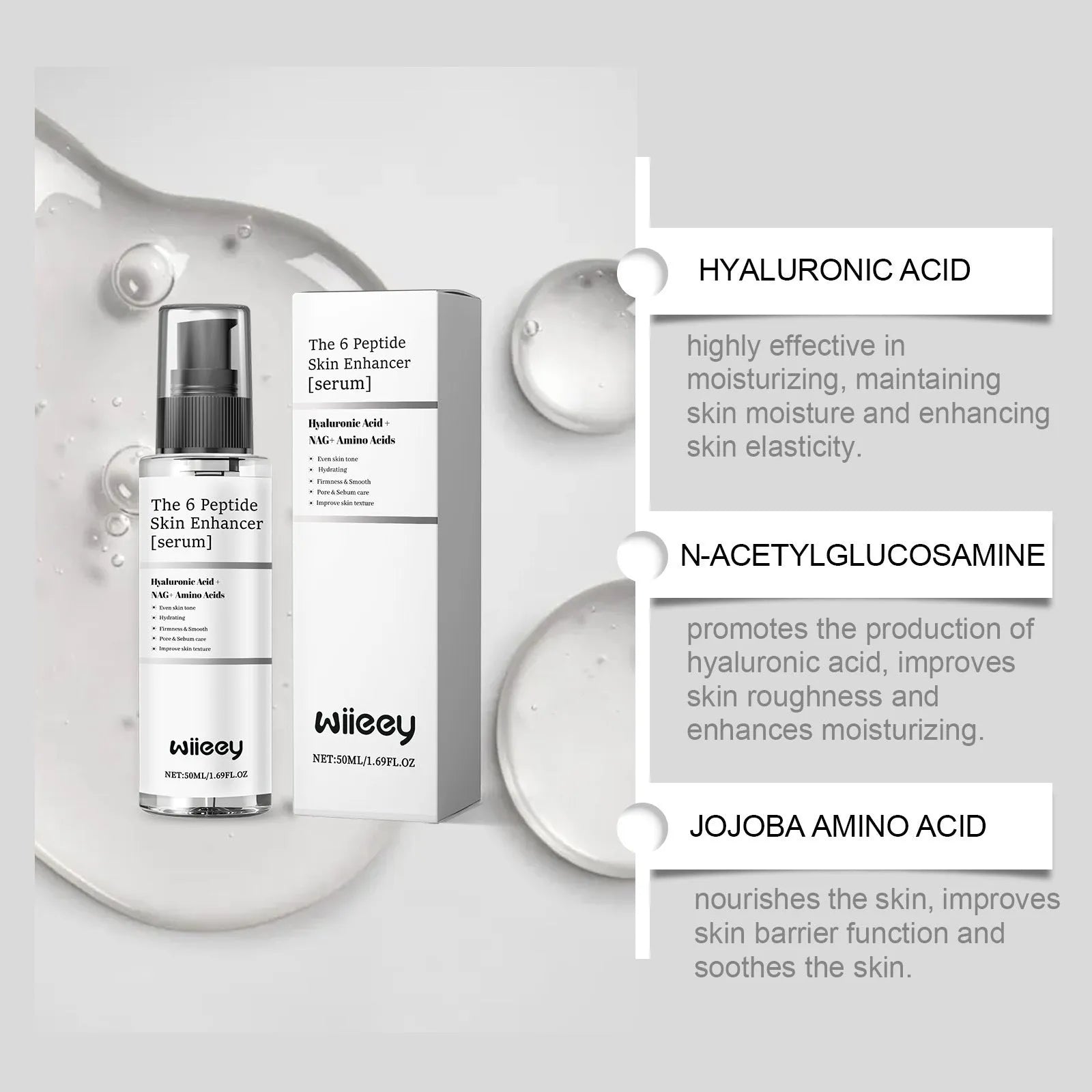 50ml bottle of skin enhancer serum with clear gel formula containing hyaluronic acid