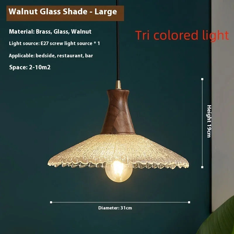 Retro brass and glass wood chandelier with wooden body, available in three sizes
