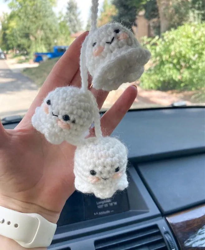 Polyester plush hand-woven cartoon automobile hanging ornament showing Halloween bat and ghost designs.