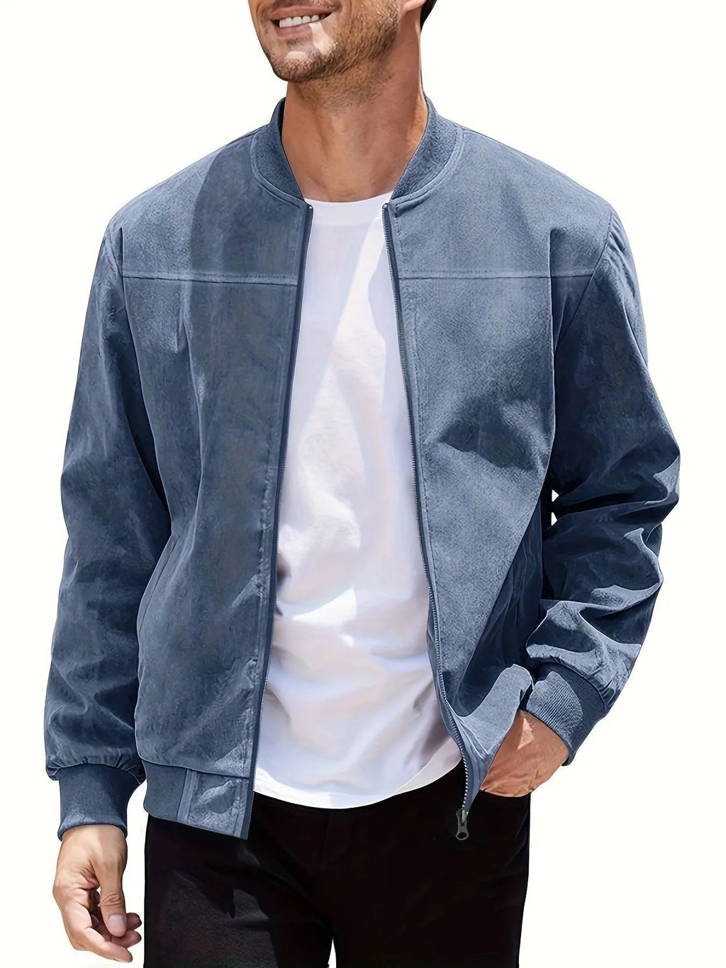 Men's plus size suede casual jacket with zipper closure in Army Green colour showing regular sleeve design
