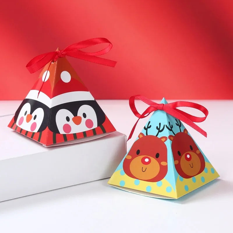 Christmas triangle candy box in paper with festive Santa and snowman print and ribbon ties