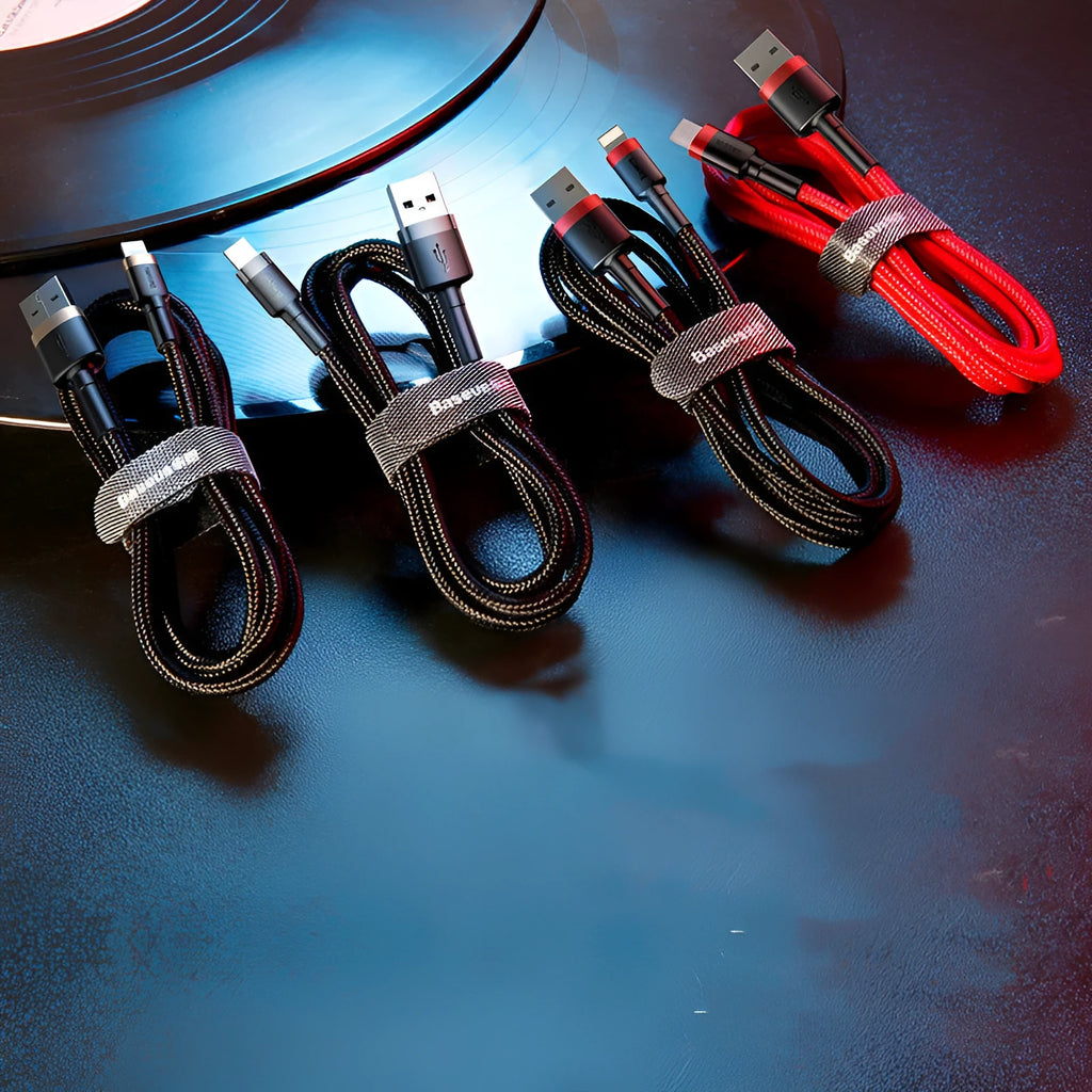 Red and black Apple compatible USB Lightning charging cable for iPhone models