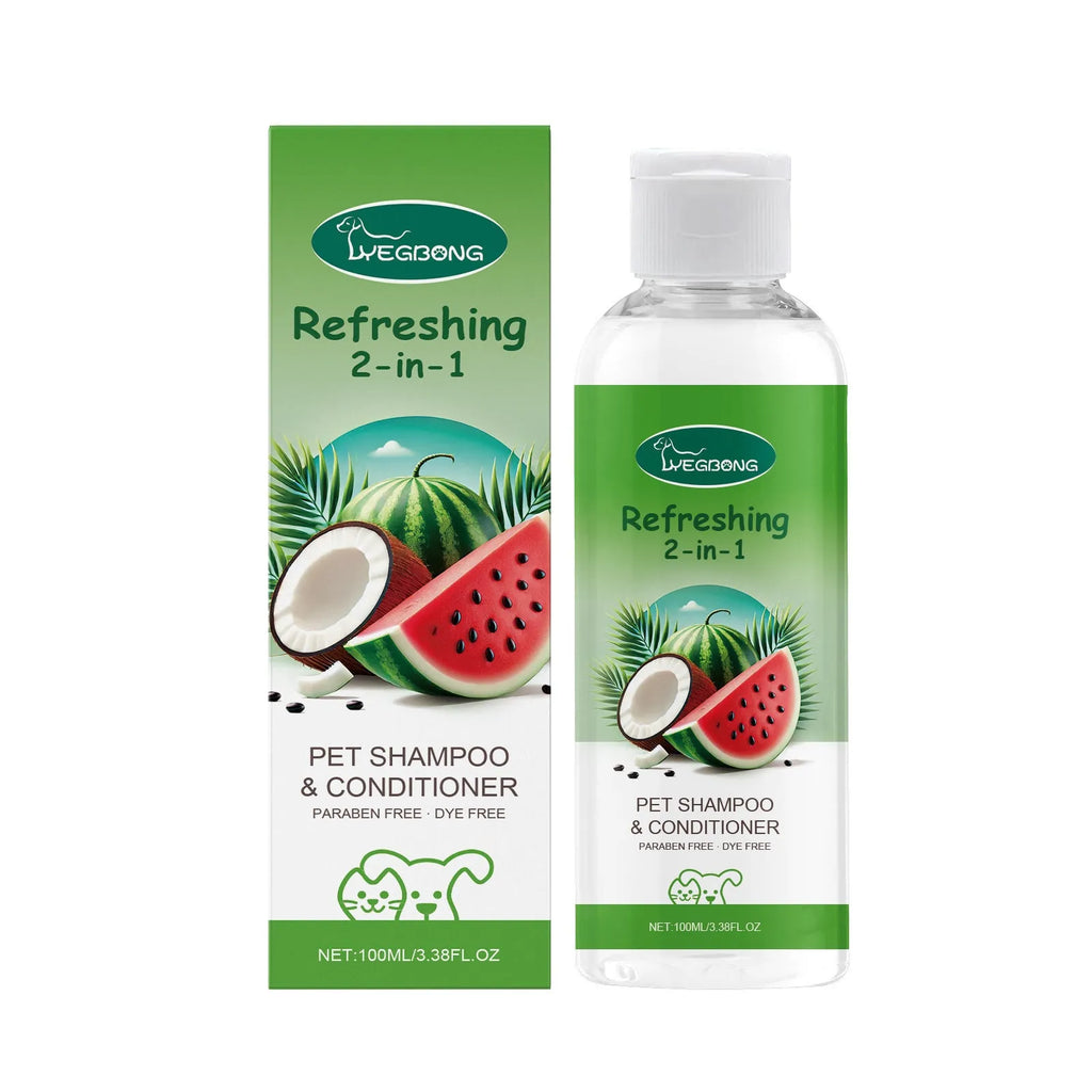 A 100ml bottle of 2-in-1 pet shampoo and shower gel for dogs and cats.