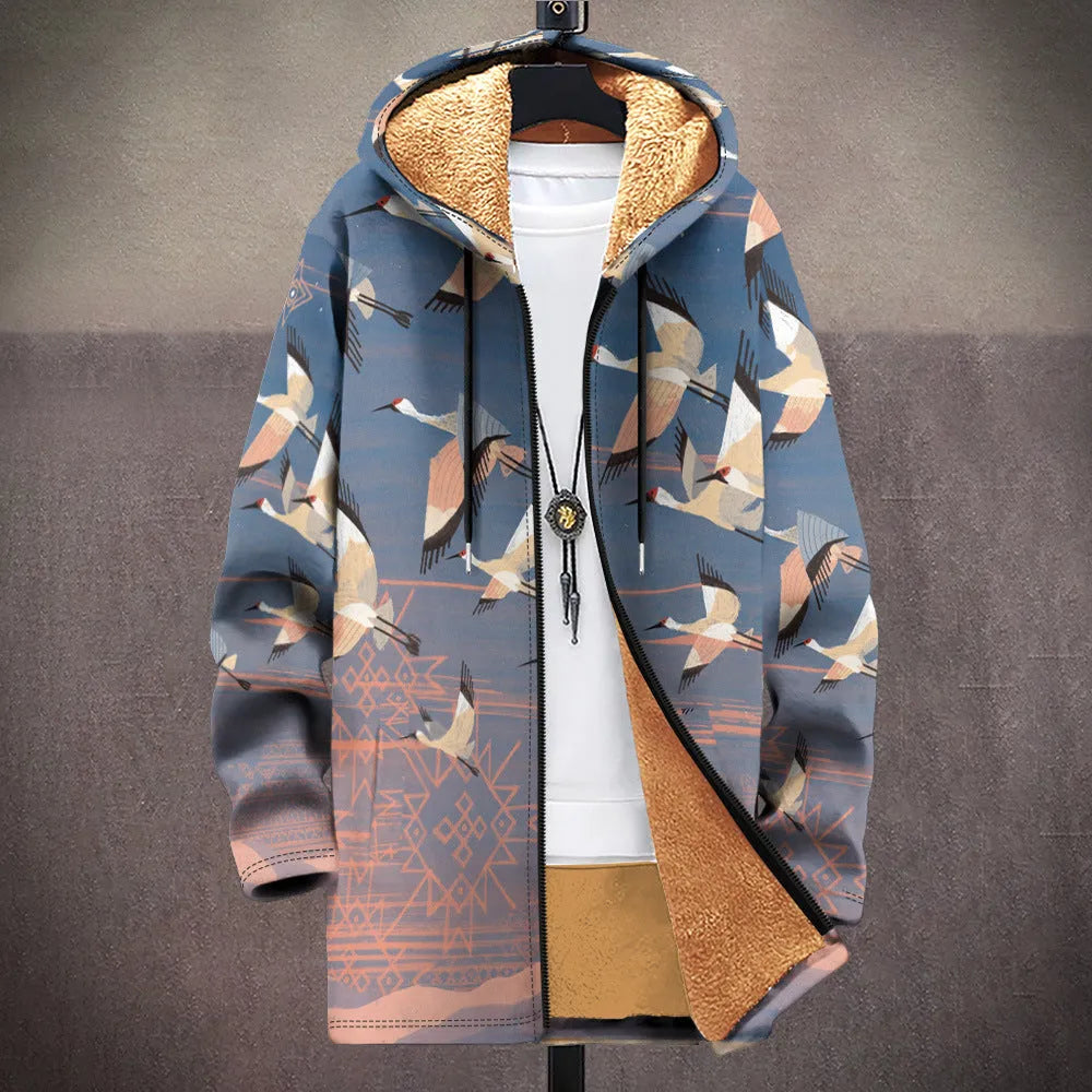 Man wearing a multicolour digitally printed hooded cardigan with a front zipper in a loose fit.
