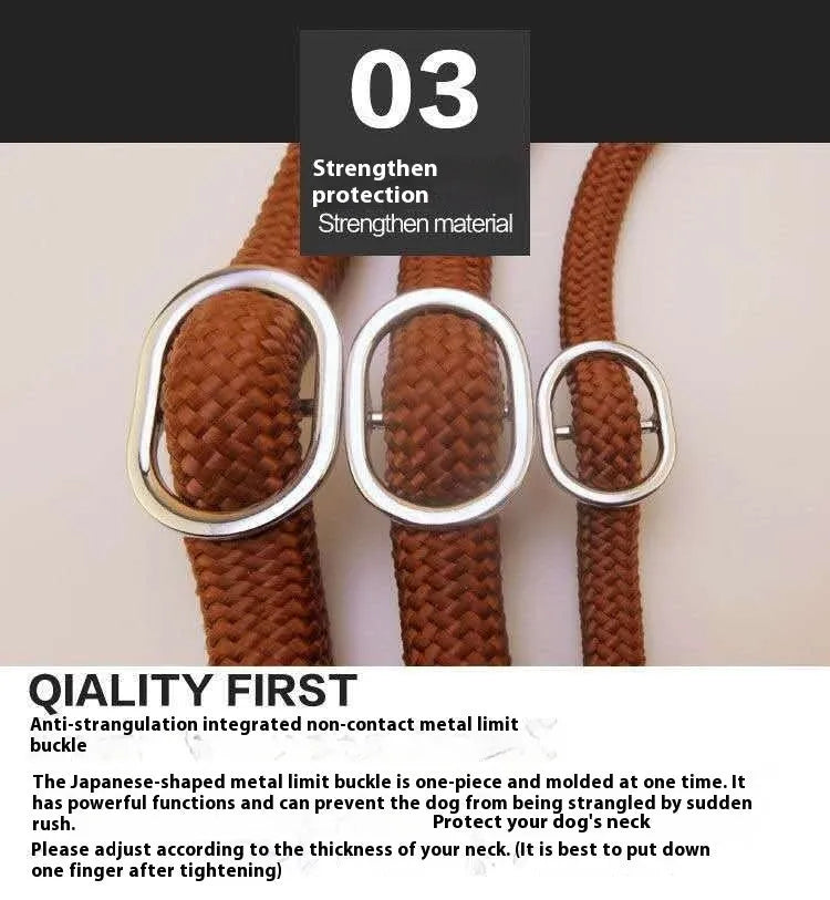Brown nylon P chain dog leash with hand-holding rope, shown at full 2.1 metre length.