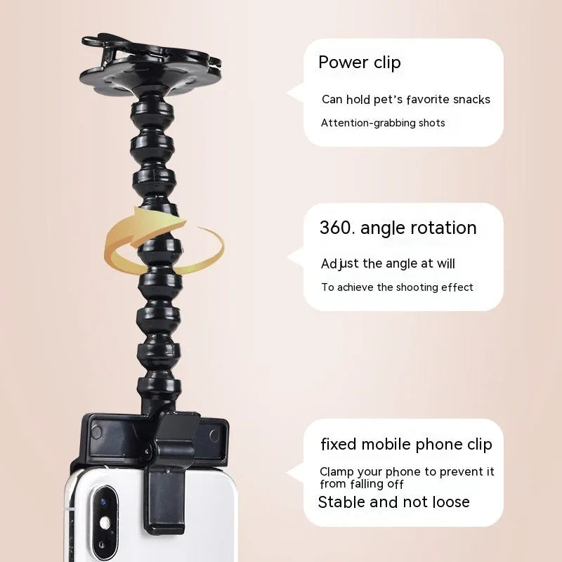 Black plastic pet photography phone holder with clip for dog or cat treats