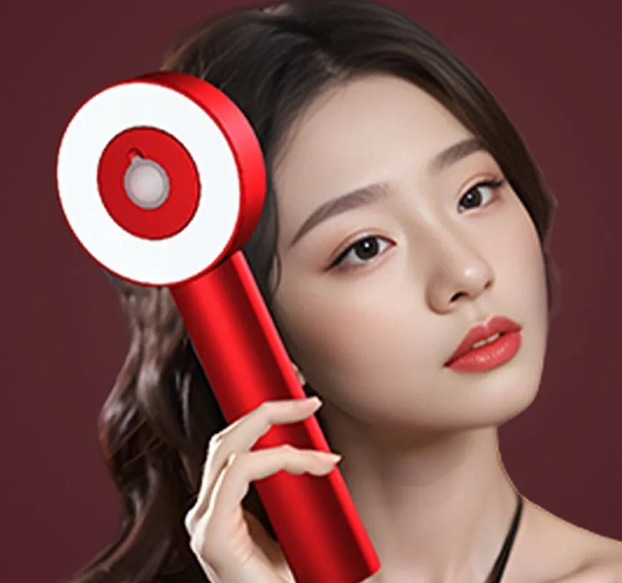 Black or red household massage hair comb with red and blue lights, showing Type-C charging port and plastic body
