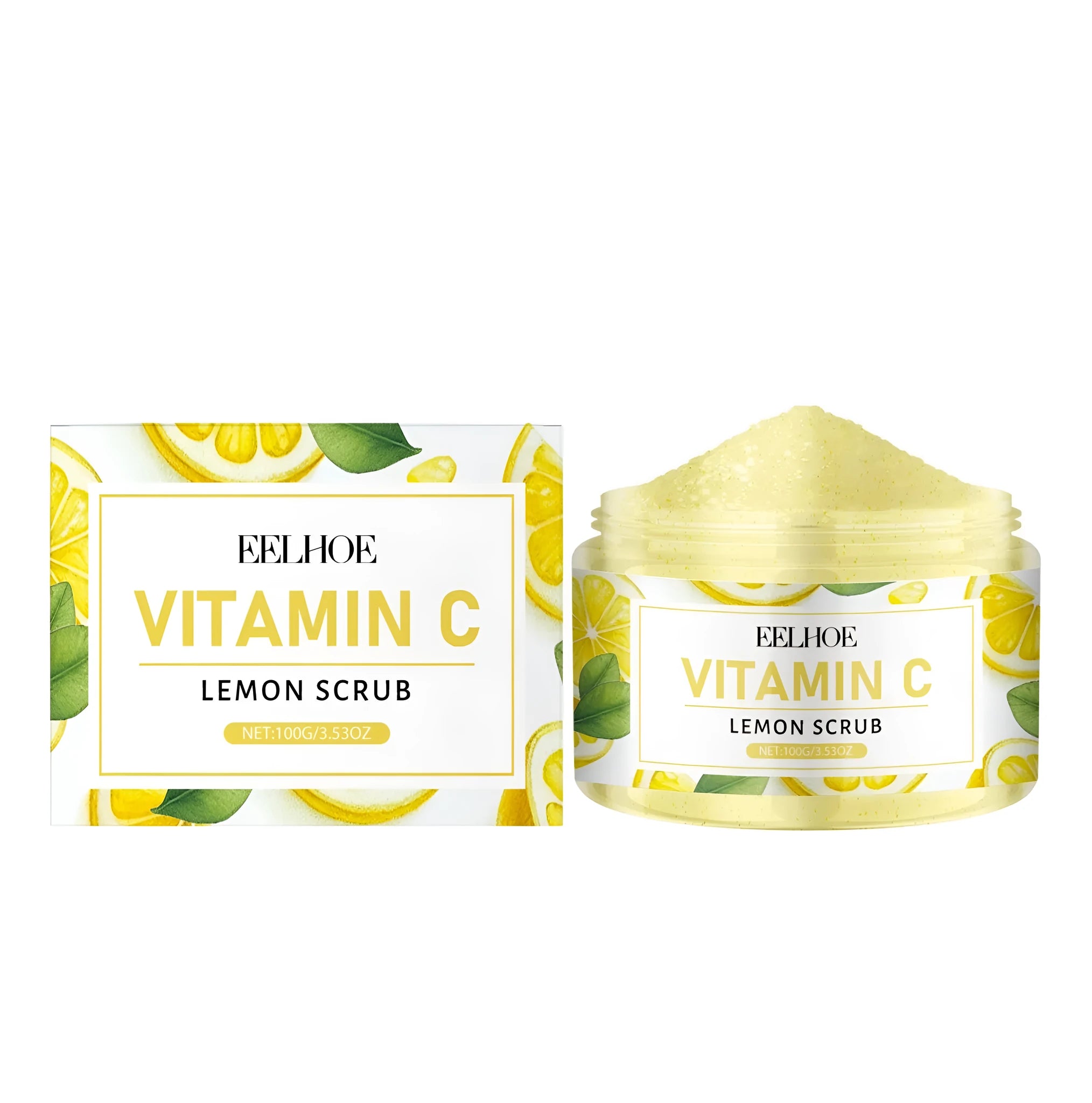 A 100g jar of lemon exfoliating scrub cream with walnut shell powder and vitamin C.