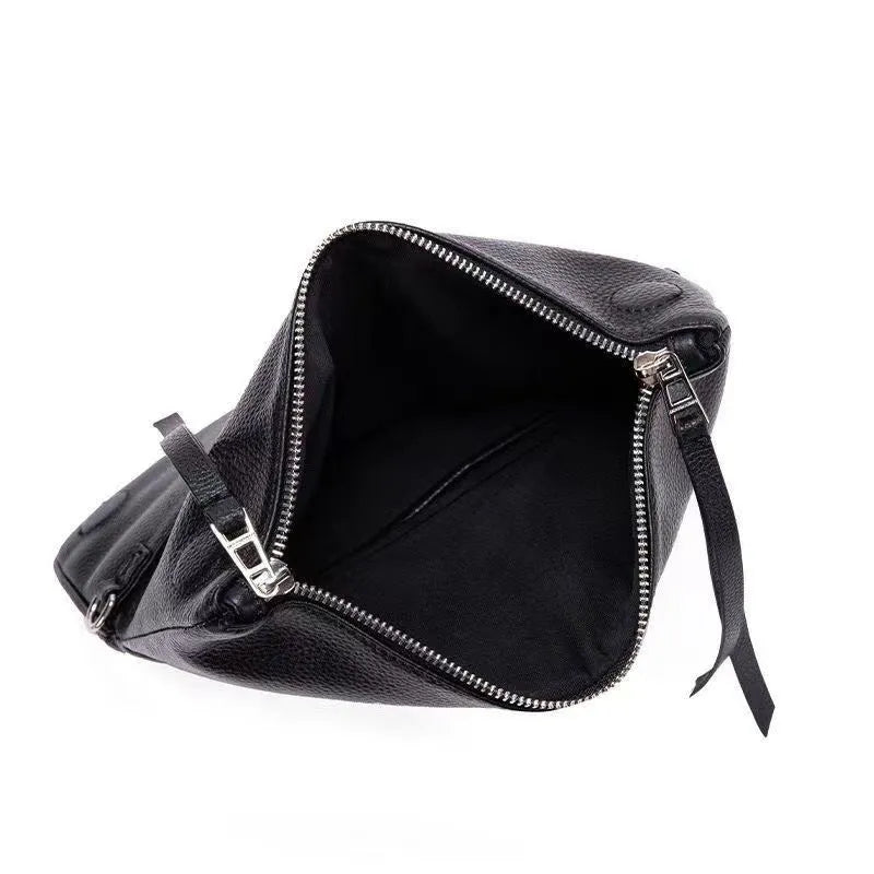 Women's foldable chain messenger clutch bag in black with cross-body shoulder straps and sandwich zipper compartment