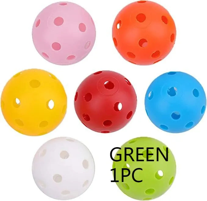 Multi-coloured 42mm golf practice balls with dimpled design in a net bag.