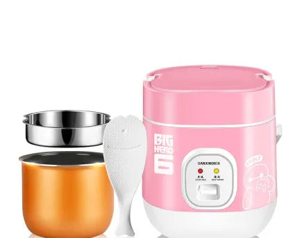 Small round blue and black miniature automatic rice cooker with steam pan on a kitchen counter.