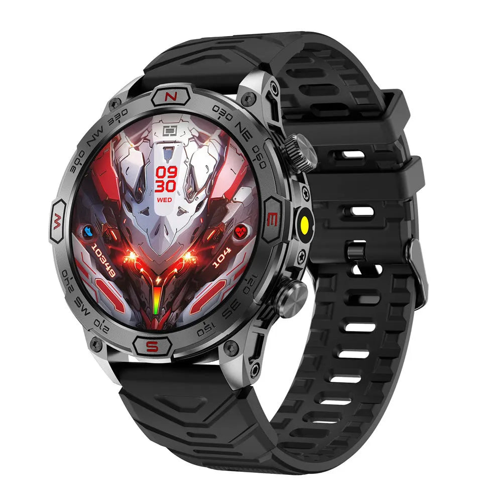 Sports smartwatch with AMOLED display on a silicone strap, showing a fitness tracking interface.