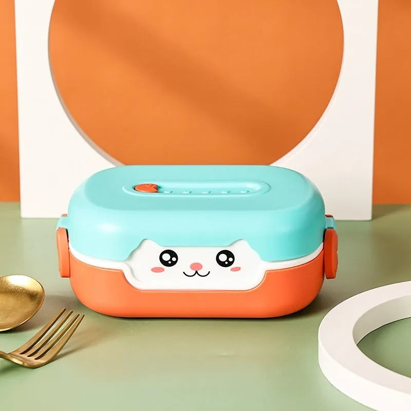 Square divided plastic lunch box with cartoon design in dark blue, orange, or pink-green colours