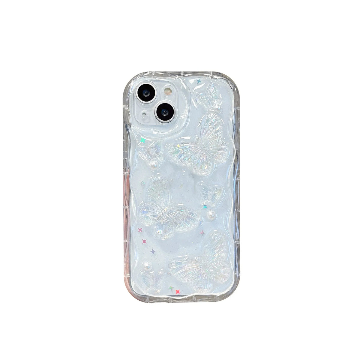 Transparent silicone iPhone case with curved cement white epoxy butterfly, drop-resistant, for iPhone 11-15 Pro Max.