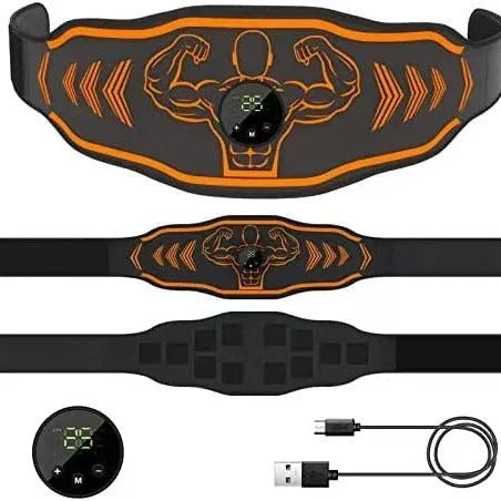 Blue and orange EMS smart massage belt kits with host unit, main belt, and arm electrodes on a grey background.