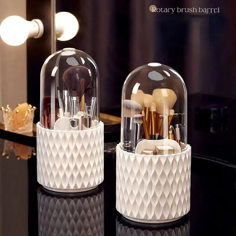 White rotating acrylic makeup brush storage box with transparent sides and dustproof lid