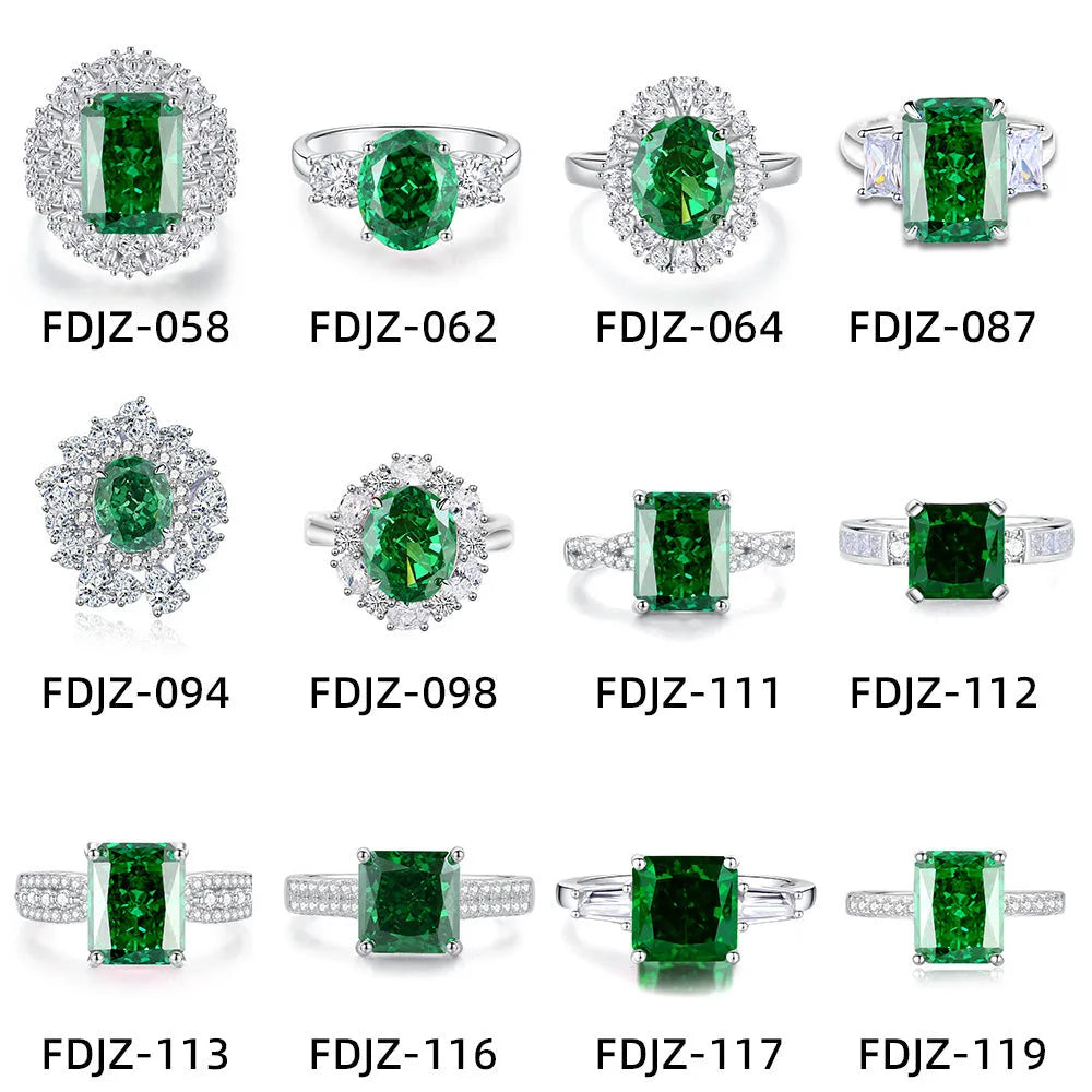 S925 sterling silver women's ring with emerald and high carbon diamond inlay in geometric oval shape.