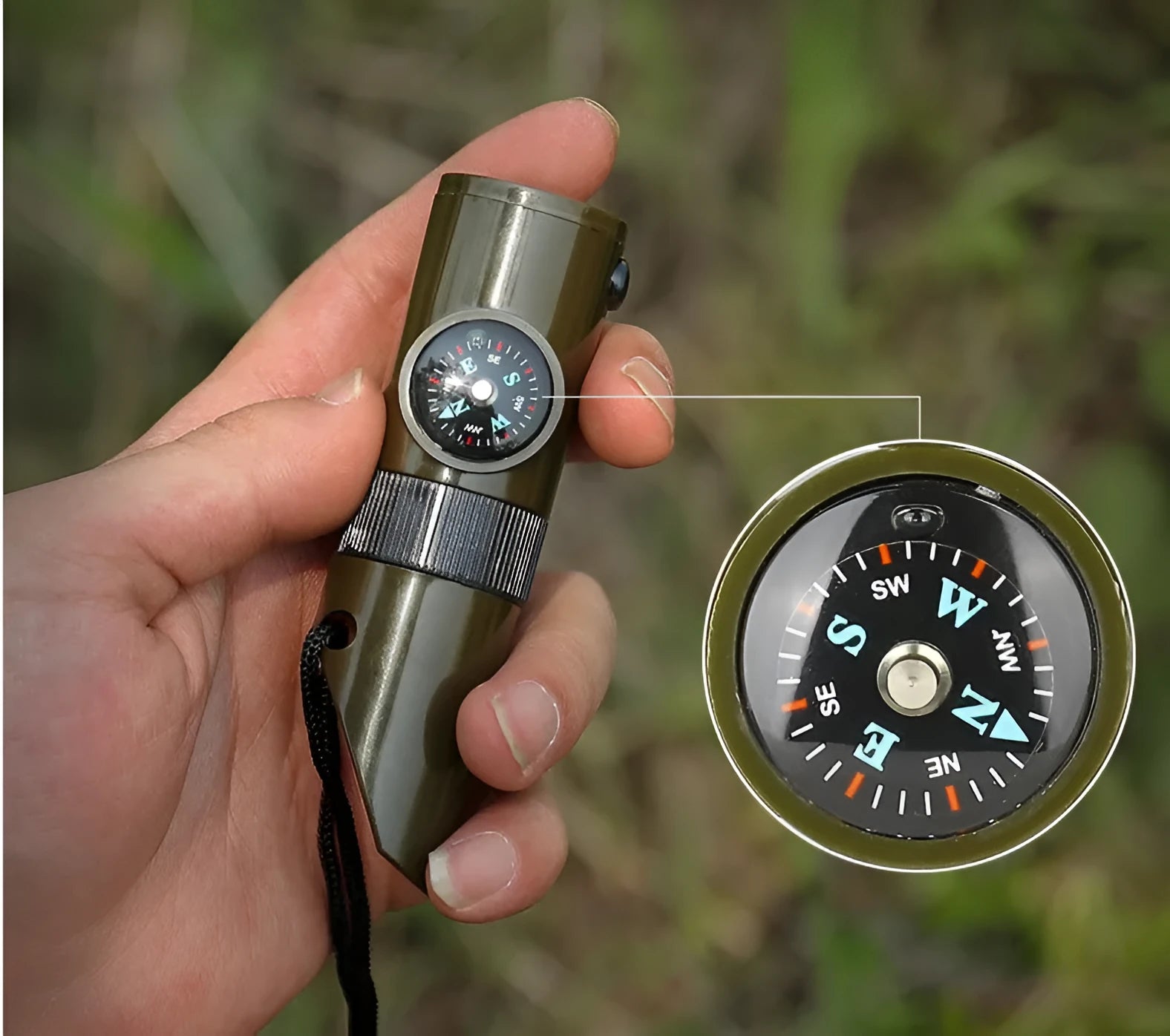 Outdoor professional seven-in-one multifunctional survival whistle in army green 98x29mm