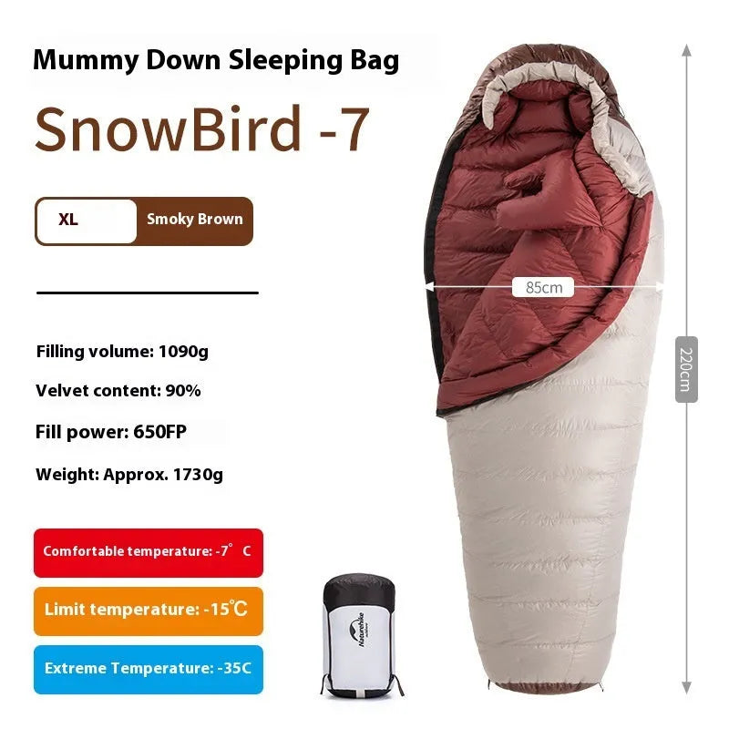Mummy style goose down sleeping bag with storage bag for camping