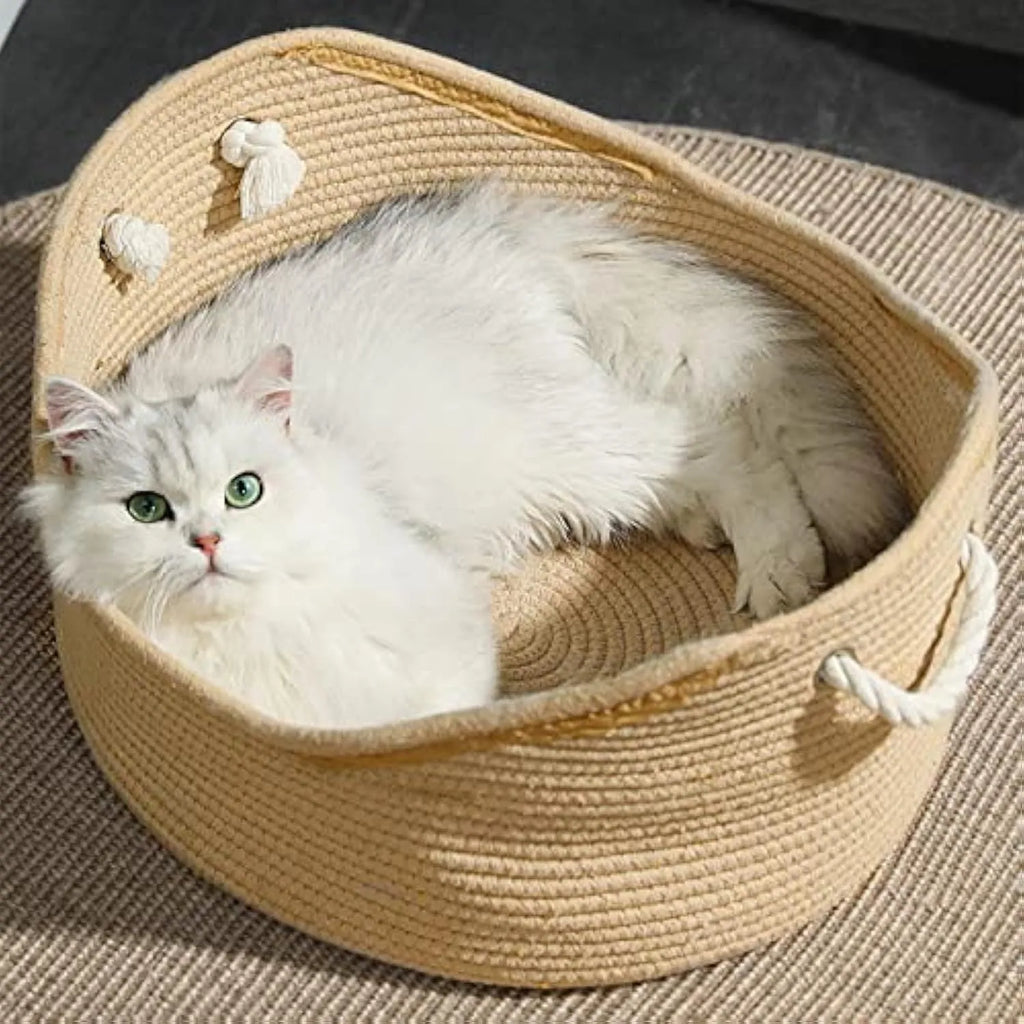 Woven rattan cat bed basket with corrugated scratching board in two size options