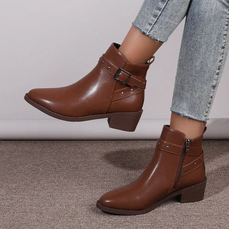 Retro chunky heel martin boots with studded buckle, pointed toe, black faux leather, size 36-42