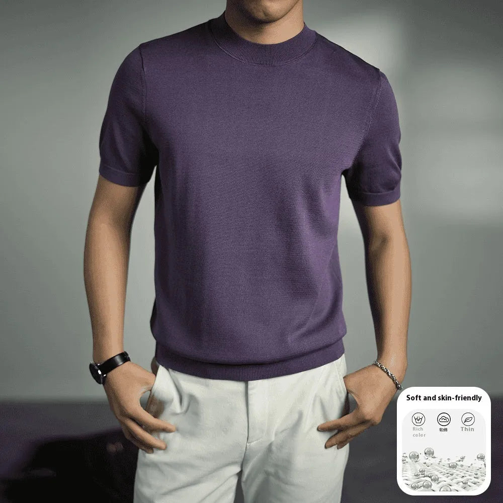 Men's silver grey knitted round neck t-shirt with short sleeves on a hanger.
