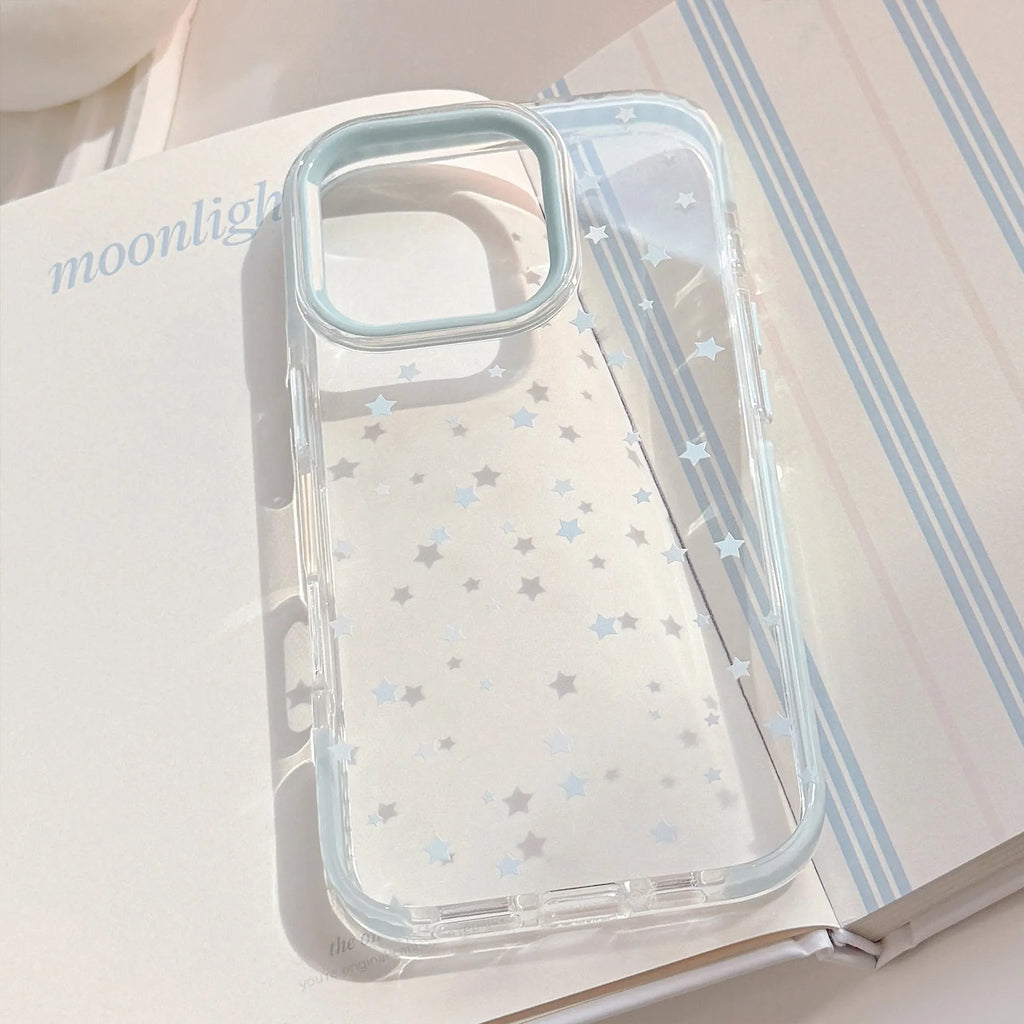 Transparent TPU phone case with blue edge and blue star dots for Apple iPhone