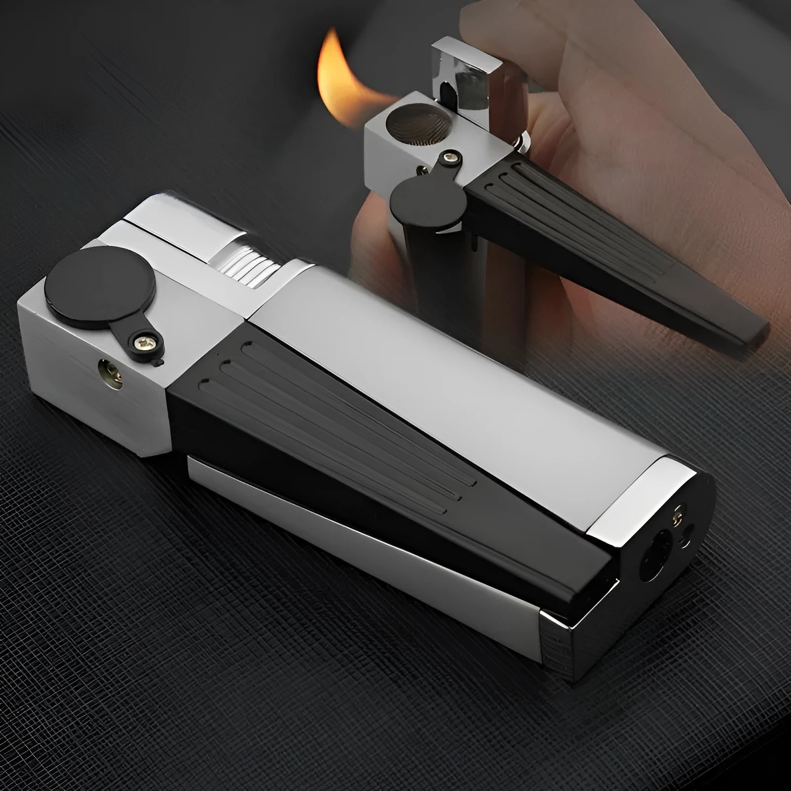 Foldable metal pipe lighter showing stash compartment and lighter mechanism in zinc alloy construction
