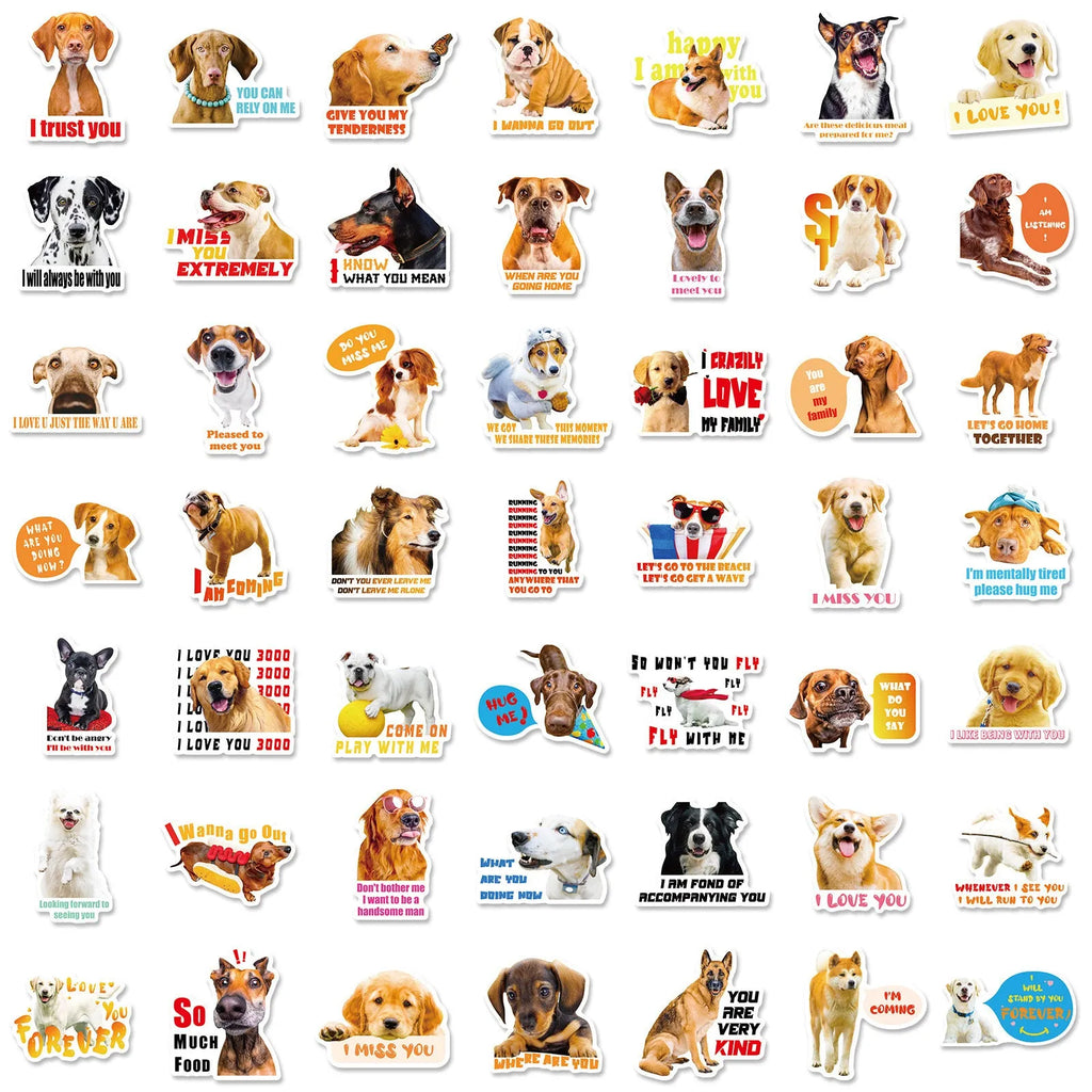 Pack of 100 realistic Nordic style dog face expression vinyl stickers for decoration.
